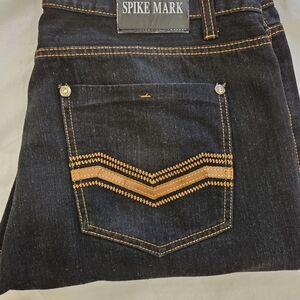 Spike Mark Designer Straight Relaxed Fit Jeans Blue Dark Wash Ripped W40 L30 Men